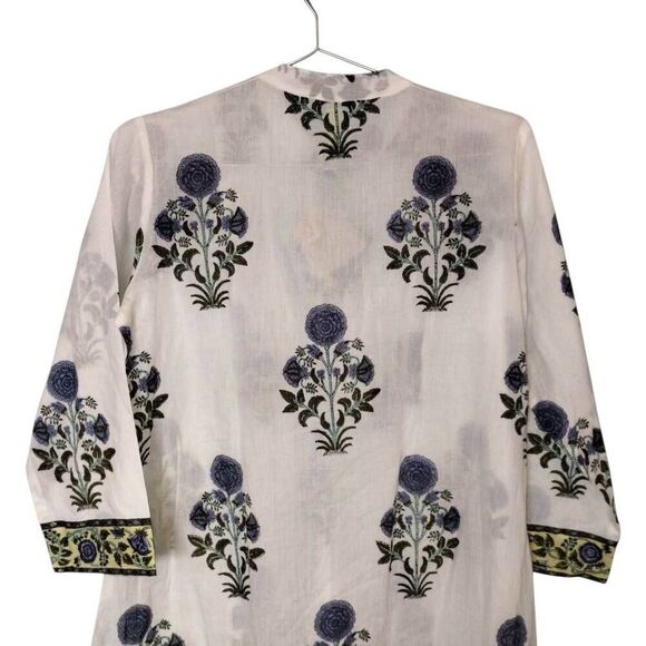 Miniature Auroville Womens Dress Sz L 100% Cotton Bib 3/4 Sleeve Botanical Kurta - Picture 4 of 11